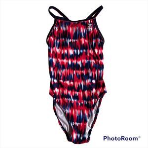 TYR Durafast Women’s One Piece Swimming Suit Racer Back Size 34 Red Navy Tie-Dye